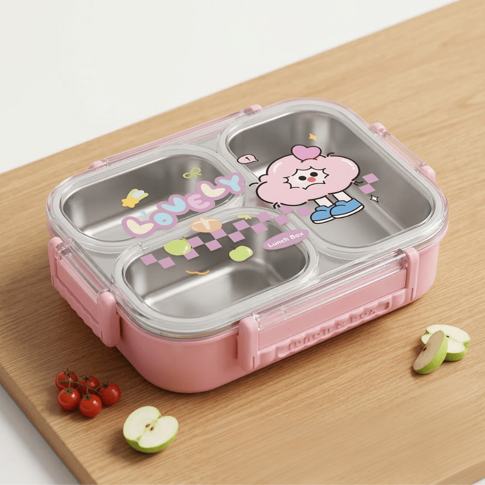 Lovely Cartoon Kids Lunch BoxStainless Steel Lunch BoxCrafty CuddlePink and stainless steel lunch box with cartoon character on a wooden surfacePink