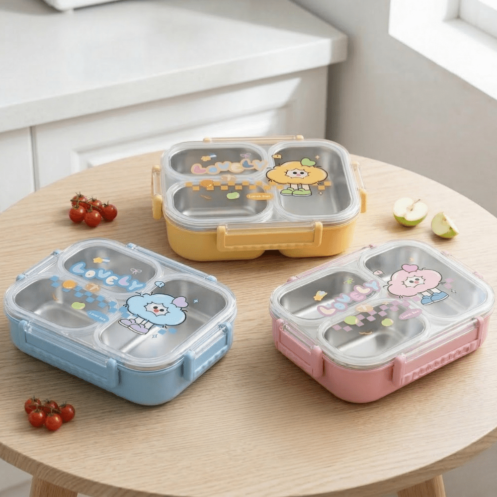 Lovely Cartoon Kids Lunch BoxStainless Steel Lunch BoxCrafty CuddleThree colorful bento boxes on a wooden table with small tomatoes around.Pink