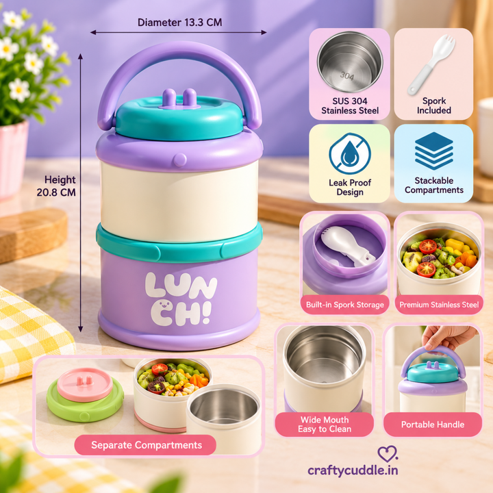 LUNCH! Stainless Steel Stackable Lunch Box with SporkStainless Steel Lunch BoxCrafty CuddleLUNCH! Stainless Steel Stackable Lunch Box with SporkPink