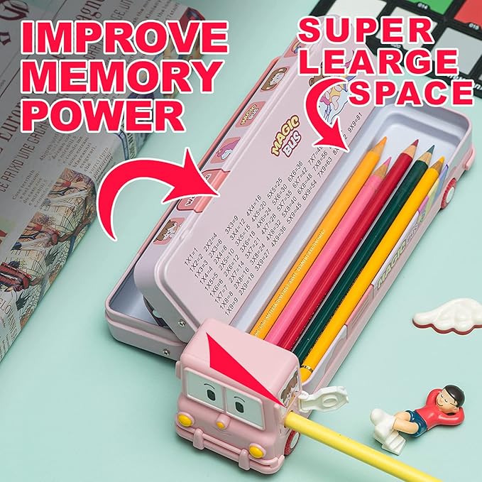 Open pink magic bus pencil box with super large storage space, holding color pencils, built-in sharpener, and multiplication table for kids