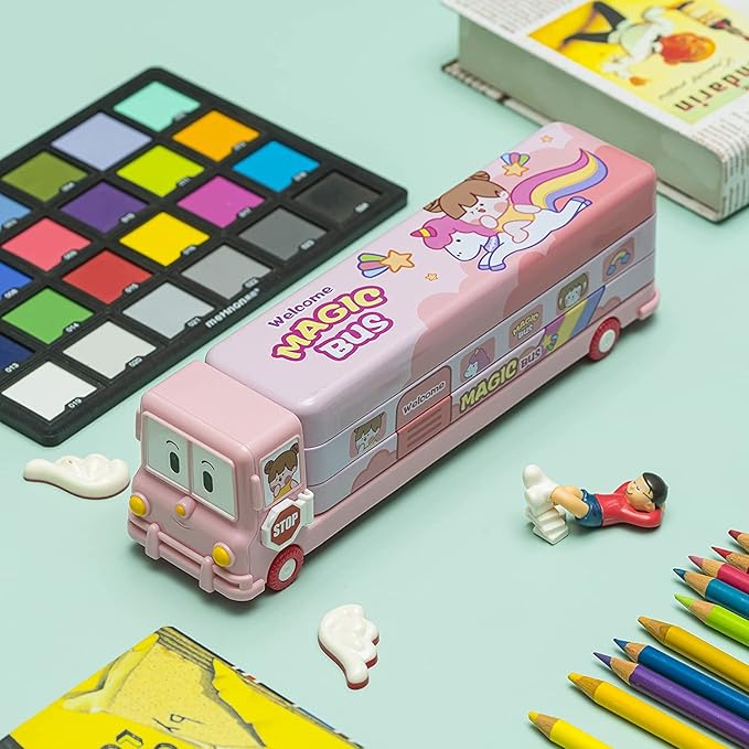 Cute pink bus-shaped pencil box for kids with unicorn and rainbow print, magic bus design stationery case for school supplies