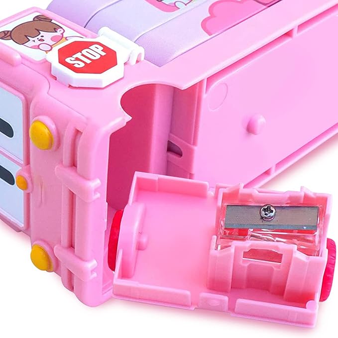 Close-up of pink magic bus pencil box showing detachable built-in sharpener with easy clean waste disposal feature for kids