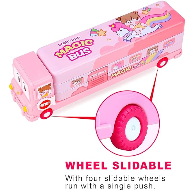 Slidable pencil box with 4 smooth-rolling wheels, easy-to-push design for kids, showing all wheels sliding together with one push