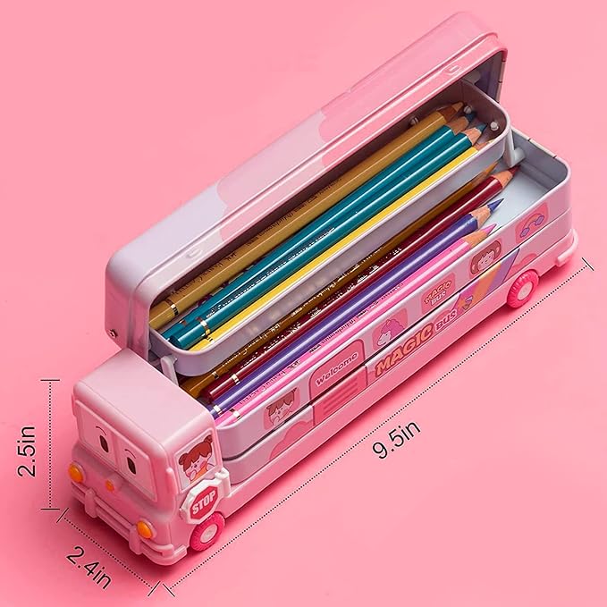 Open pink magic bus pencil box with internal compartments, holding color pencils, dimensions 9.5 x 2.4 x 2.5 inches, kids school stationery case