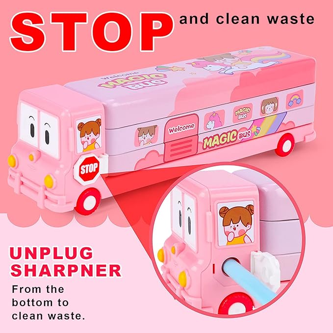 Pink magic bus pencil box with built-in sharpener and waste compartment, cute unicorn-themed school stationery case for kids