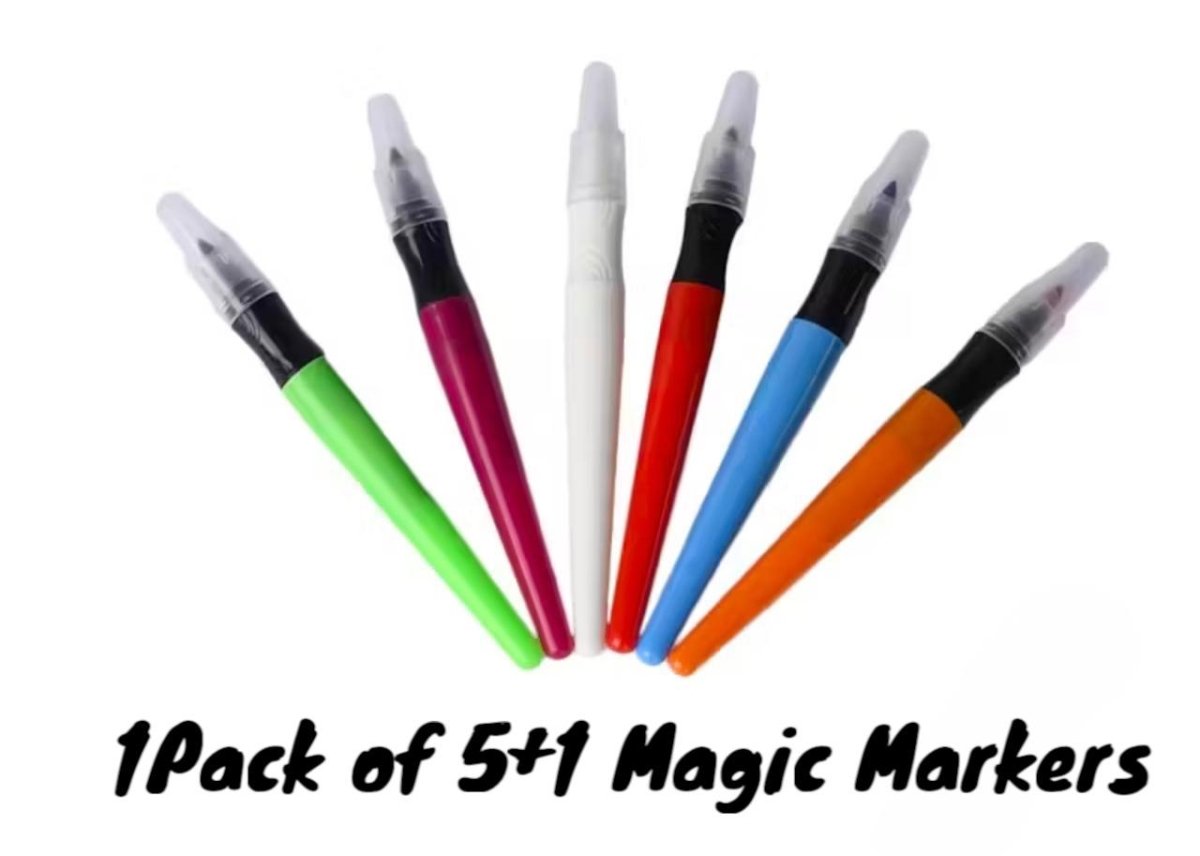 Pack of 5 + 1 magic markers with color-changing ink displayed in packaging

