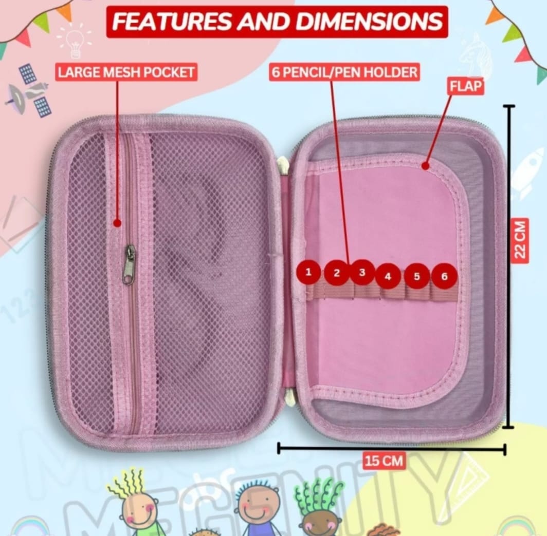 Magical Mermaid Pouch have large mesh pocket, 6 pencil pen holder, Flap , length 22cm, width 15 cm