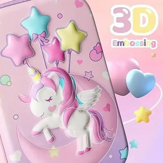 Magical Unicorn Pencil Case with 3D embossing design, featuring raised unicorn details, smooth zipper, and spacious compartments for kids’ stationery