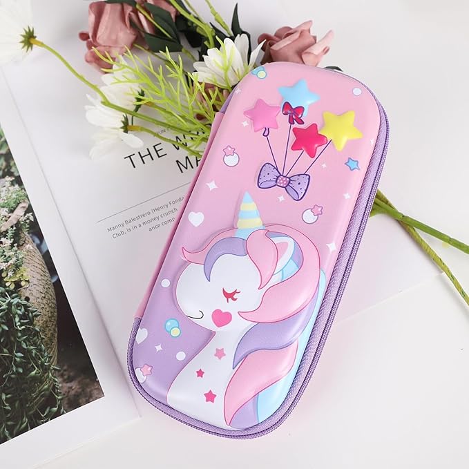 Magical Unicorn 3D Pencil Case with glitter finish, showing spacious compartments filled with colorful stationery, ideal for girls