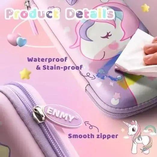 Magical Unicorn 3D Pencil Case with waterproof and stain-proof surface, smooth zipper, and spacious compartments filled with colorful stationery