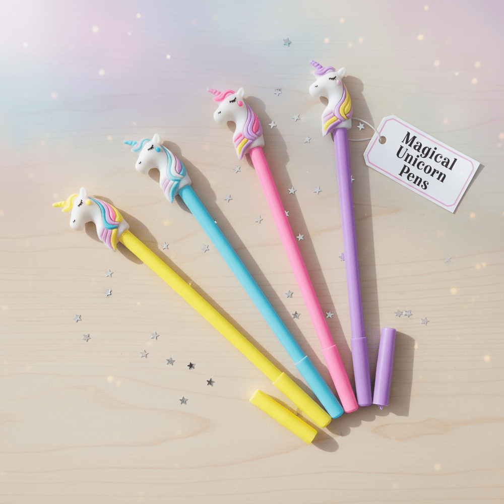 Magical Unicorn PenCrafty CuddleFour colorful pens with unicorn designs on a wooden surface, accompanied by a &