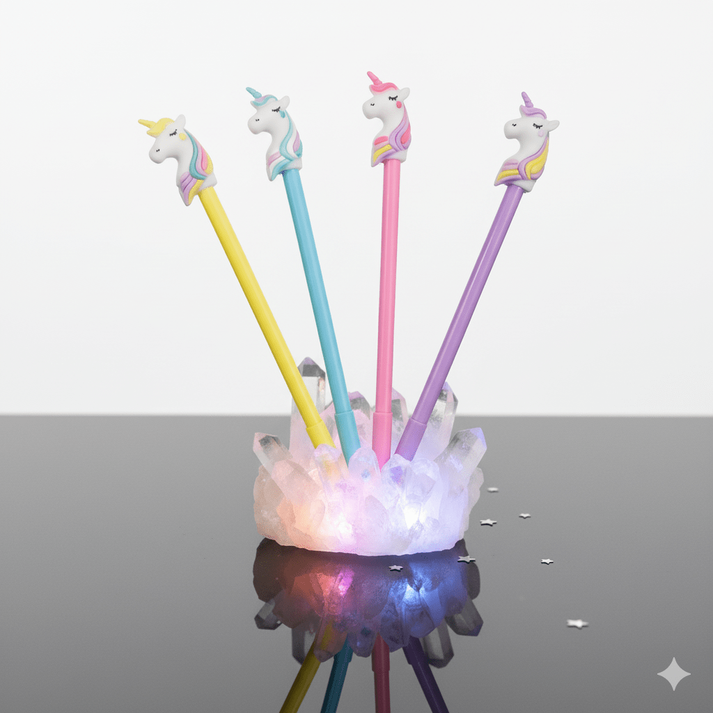 Magical Unicorn PenCRAFTY CUDDLEFour colorful pens with unicorn tips in a holder on a reflective surface.1