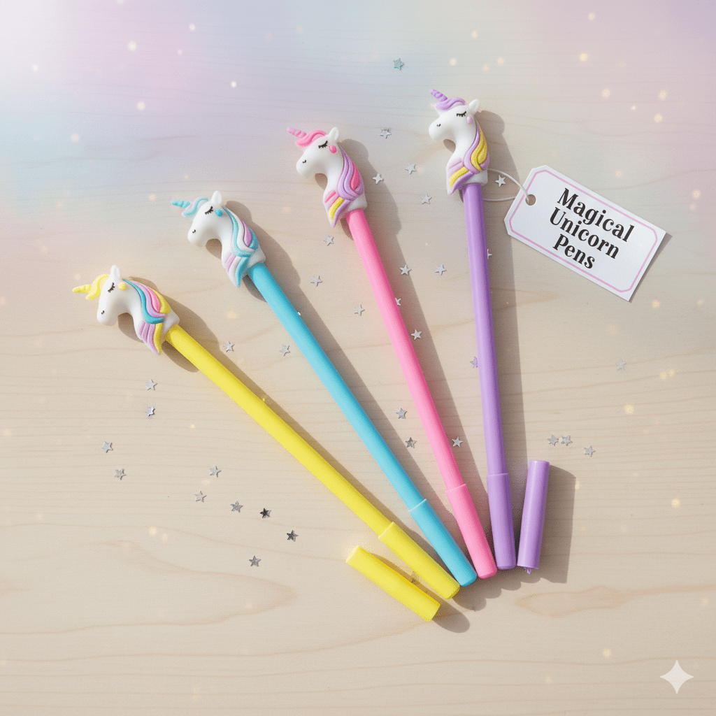 Magical Unicorn PenCRAFTY CUDDLEFour colorful unicorn pens with a 'Magical Unicorn Pens' label on a light background.1
