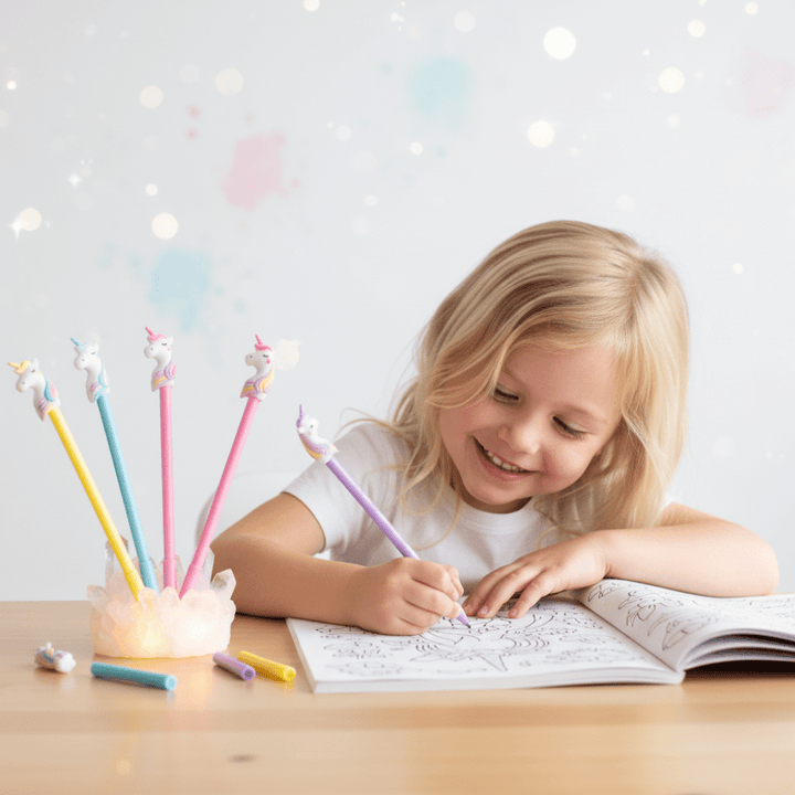 Magical Unicorn PenCrafty CuddleChild coloring with unicorn - themed pencils on a light background1
