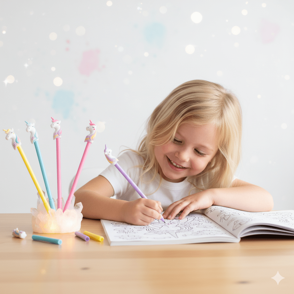 Magical Unicorn PenCRAFTY CUDDLEChild writing with pen on a table with a light background1