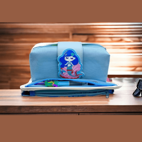 Open Mermaid Dream pencil pouch filled with pens – spacious and organized school stationery case for kids with mermaid theme