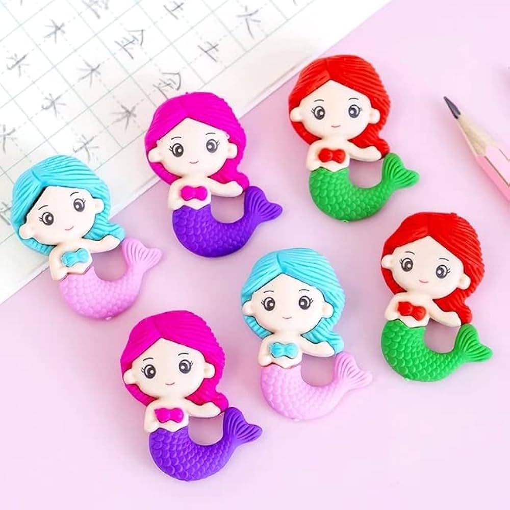 Mermaid ErasersErasersCRAFTY CUDDLESet of colorful mermaid figurines eraser on a light pink background1CreativeStationeryCuteErasers