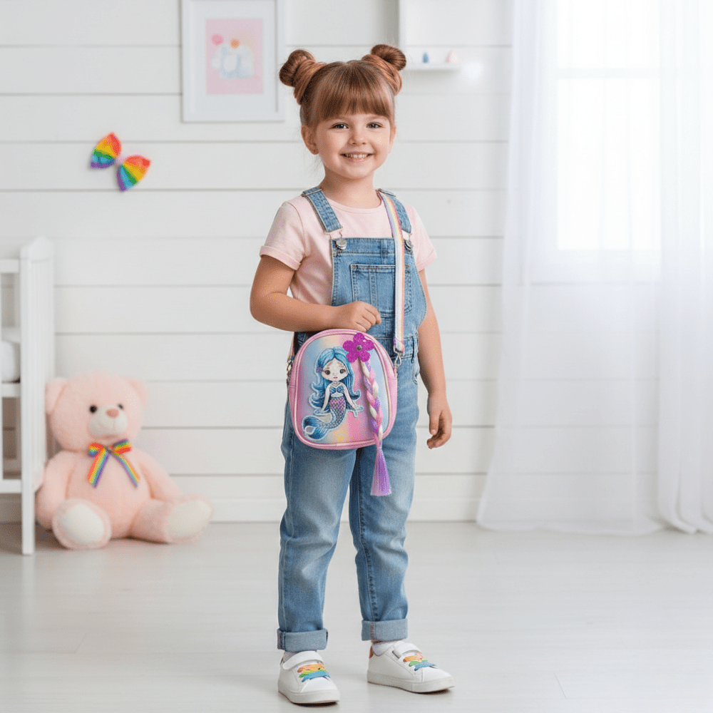 Mermaid Sling Bag with Rainbow StrapKids BagsCRAFTY CUDDLEChild wearing a pink backpack with a mermaid design, standing in a room with a teddy bear and colorful butterfly decorations.PurpleMermaidBag KidsSlingBag GirlsCrossbody CuteKidsBag MermaidTheme PastelFashion RainbowStrap BirthdayGiftForGirls ReturnGiftIdeas KidsFashionAccessories
