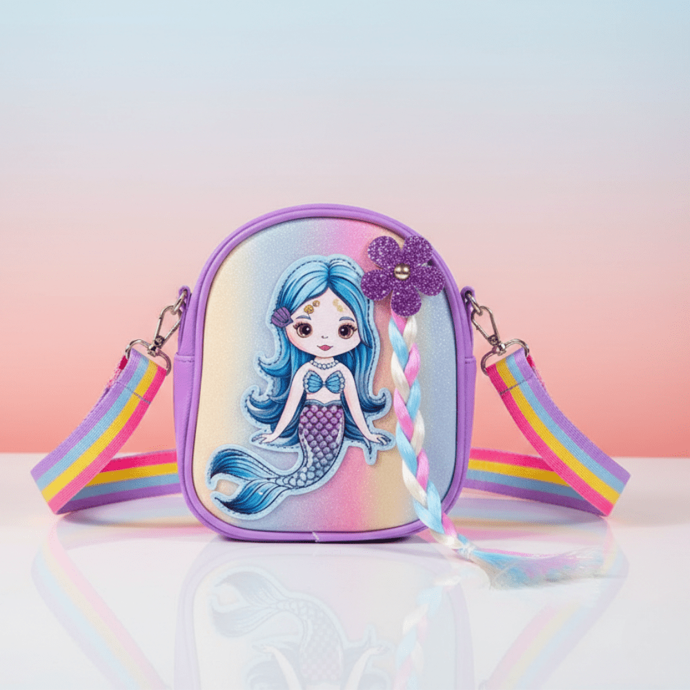 Mermaid Sling Bag with Rainbow StrapKids BagsCRAFTY CUDDLEChildren's pouch with mermaid design and colorful strap on a gradient backgroundPurpleMermaidBag KidsSlingBag GirlsCrossbody CuteKidsBag MermaidTheme PastelFashion RainbowStrap BirthdayGiftForGirls ReturnGiftIdeas KidsFashionAccessories