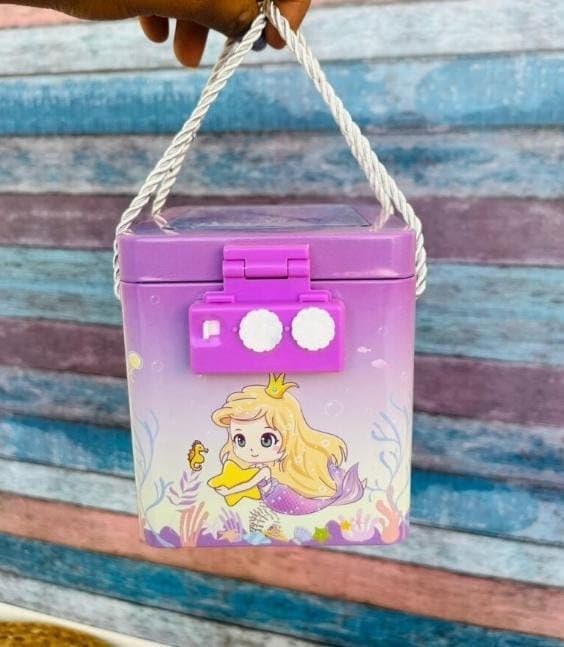 Mermaid theme tin piggy bank with colorful underwater design, featuring a secure 3-digit passcode lock—perfect for kids to store coins and notes safely