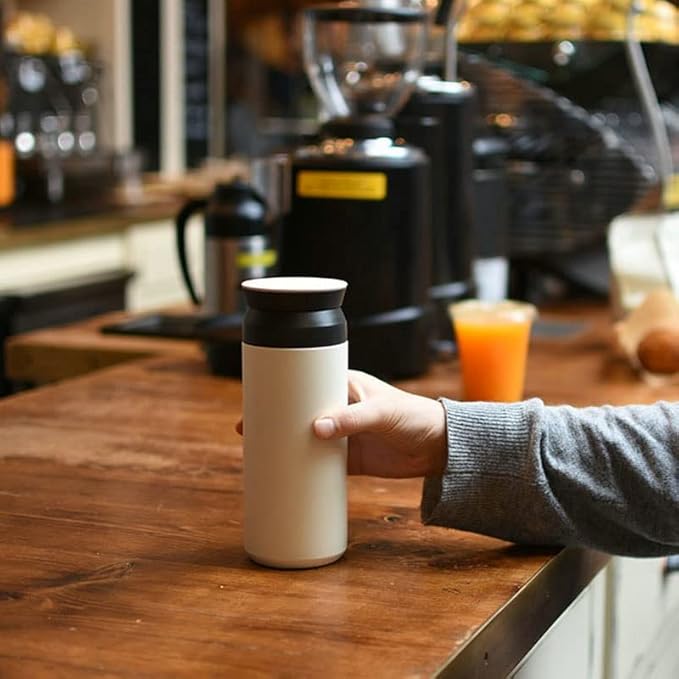 350ml white stainless steel insulated vacuum cup with black lid, compact thermal bottle for hot and cold beverages