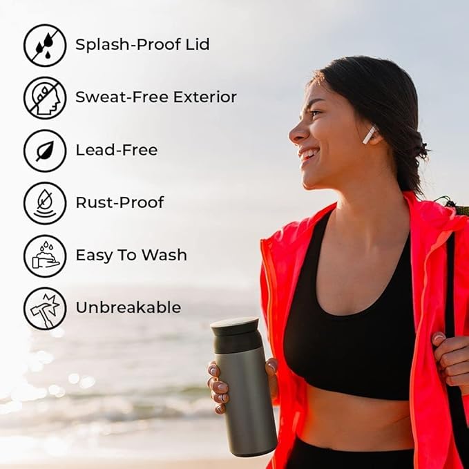 Girl holding a 350ml insulated vacuum bottle at the beach, showcasing portable, leak-proof , sweat-free exterior.
