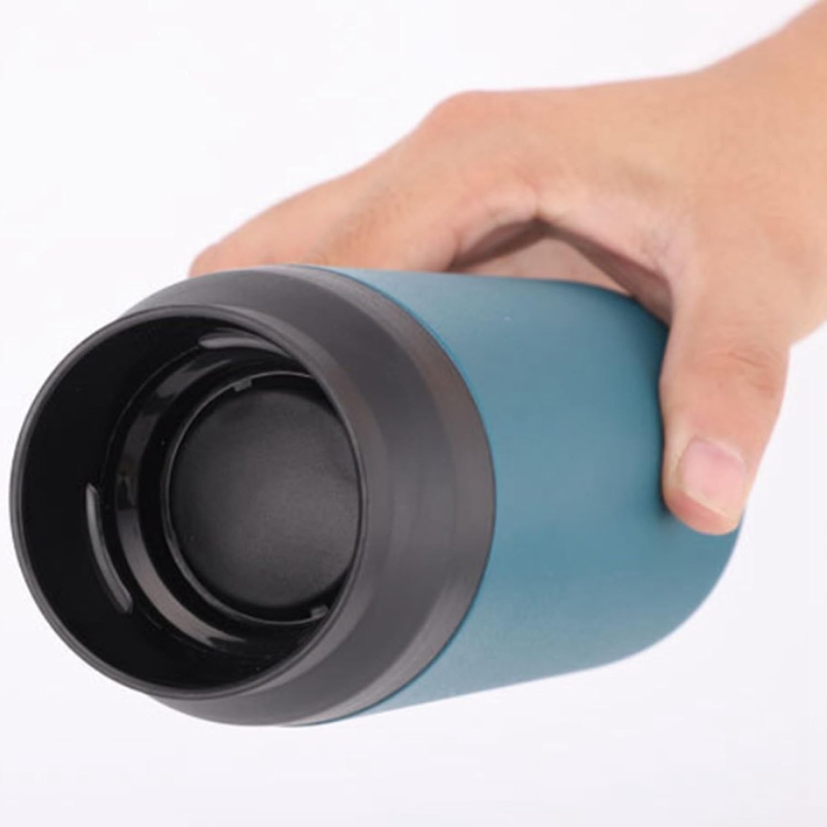 Stylish teal blue 350ml stainless steel vacuum flask with anti-leak black lid, ideal for travel, work, and daily hydration.
