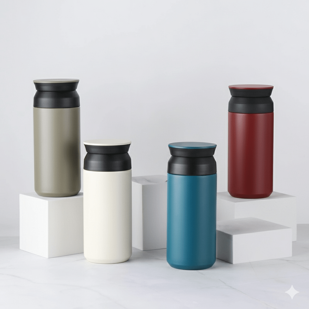 Mini Insulation Vacuum CupInsulated Water BottleCRAFTY CUDDLEFour insulated travel mugs in different colors on a light gray backgroundCream350ml water bottlecompact insulated bottle