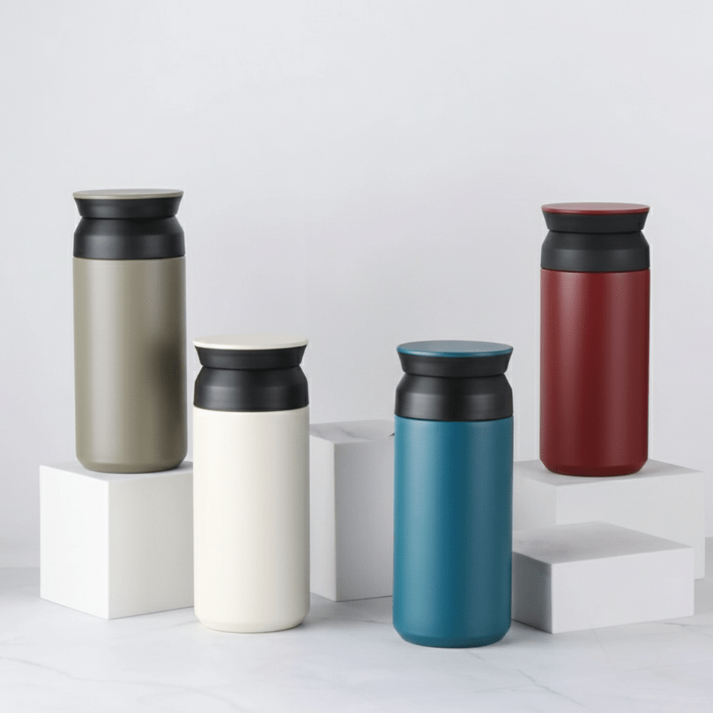Mini Insulation Vacuum CupInsulated Water BottleCrafty CuddleFour insulated travel mugs in different colors on a white backgroundCream350ml water bottlecompact insulated bottle