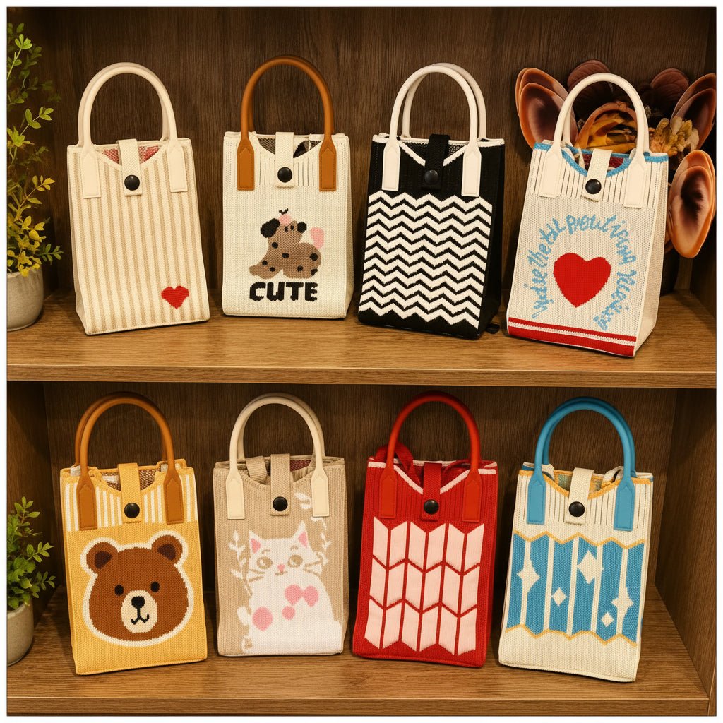 Mini Knitted Crossbody Phone BagMini Sling Bag For PhoneCrafty CuddleEight tote bags displayed on wooden shelves, each with a different colorful pattern and cartoon design including stripes, chevrons, bears, cats, and hearts. DetailsBeige Little Red HeartKnitted Phone BagPhone Holder Bag