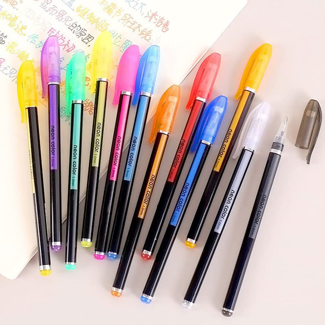 Set of colorful gel pens with black bodies on a white background