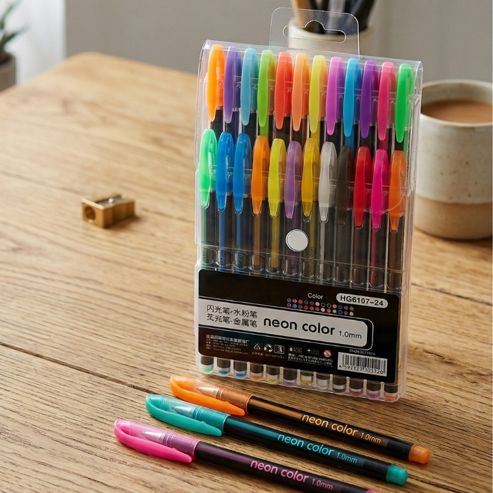 Neon Color Highlighter Gel Pens - Pack of 24Crafty CuddlePack of neon color markers on a wooden table with a cup and sharpener in the background.Neon Pen 24