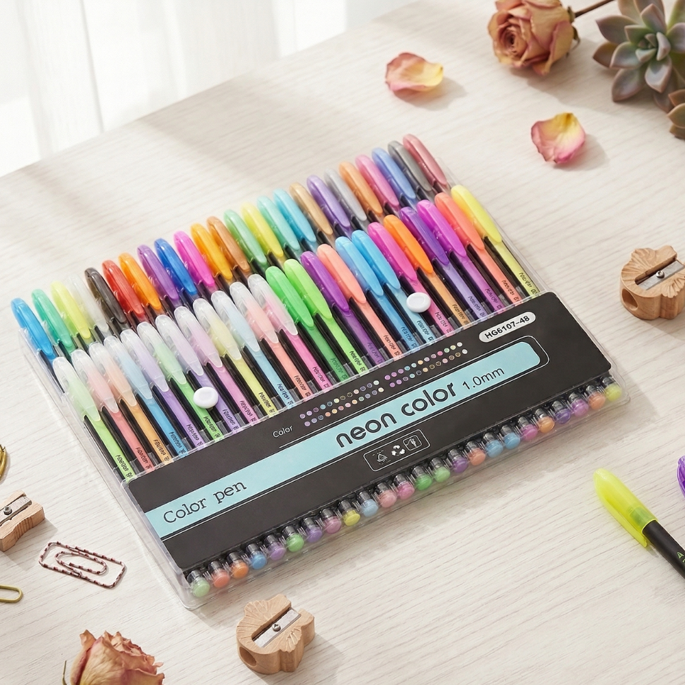 Neon Color Highlighter Gel Pens - Pack of 48Crafty CuddleSet of neon color pens in a clear case on a light surface with flowers and a pencil sharpener.Neon Pen 48