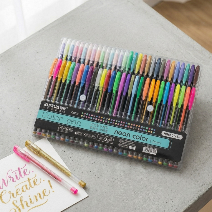 Neon Color Highlighter Gel Pens - Pack of 60Stationery > Gel PensCrafty CuddleSet of colorful pens in a clear plastic case on a gray surface with a small piece of paper.Neon Pen 60artartistsoninstagram