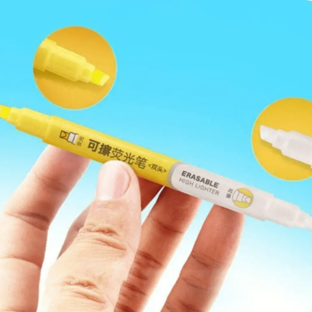 This image shows an erasable highlighter with a combination of white and yellow.