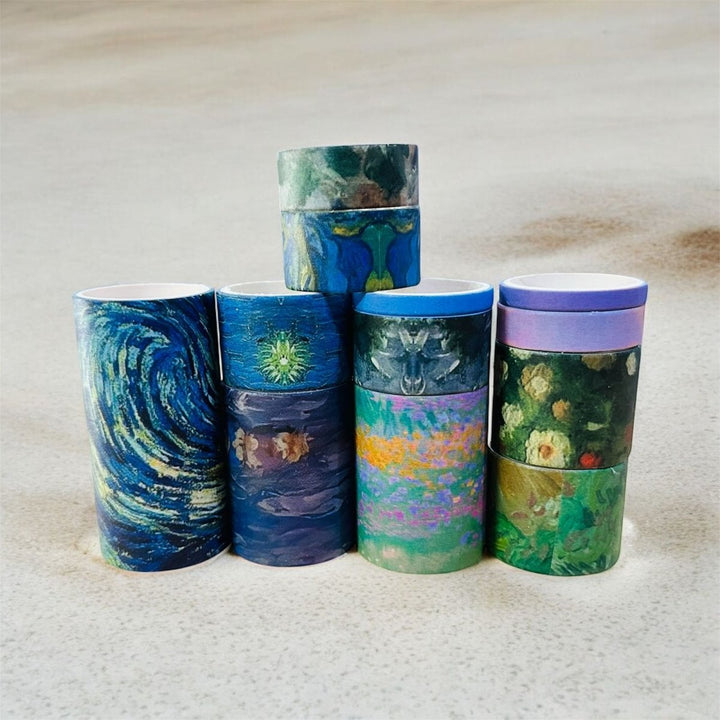 Ocean Blue Washi Tape Set - 18 RollsDecorative Washi TapeCRAFTY CUDDLECollection of washi tapes with artistic designs on a light wooden surfacewashitape washitapelove washitapeaddict blueaesthetic oceaninspired abstractart journaling artjournaling junkjournal scrapbooking creativejournaling aestheticstationery stationerylovers
