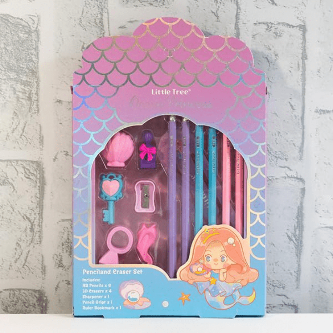 Pencil and Eraser Set packaging with mermaid design on a textured gray background