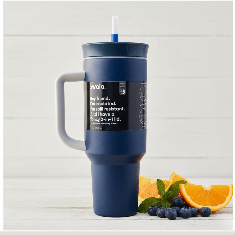 Owala Max Insulated Stainless Steel TumblerTumblersCRAFTY CUDDLEBlue insulated tumbler with handle on a white surface with oranges and blueberries.NavyOwalaTumbler 1200mlTumbler InsulatedTumbler StainlessSteelCup TravelMug HotAndColdBottle StrawLidTumbler HydrationGoals LeakproofBottle LargeCapacityBottle