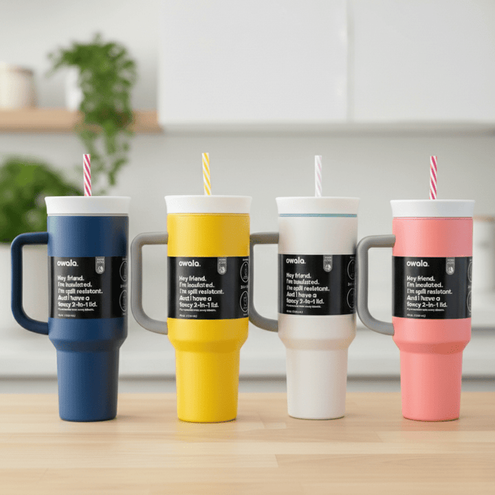 Owala Max Insulated Stainless Steel TumblerTumblersCRAFTY CUDDLEFour colorful tumblers with straws on a wooden surface.NavyOwalaTumbler 1200mlTumbler InsulatedTumbler StainlessSteelCup TravelMug HotAndColdBottle StrawLidTumbler HydrationGoals LeakproofBottle LargeCapacityBottle