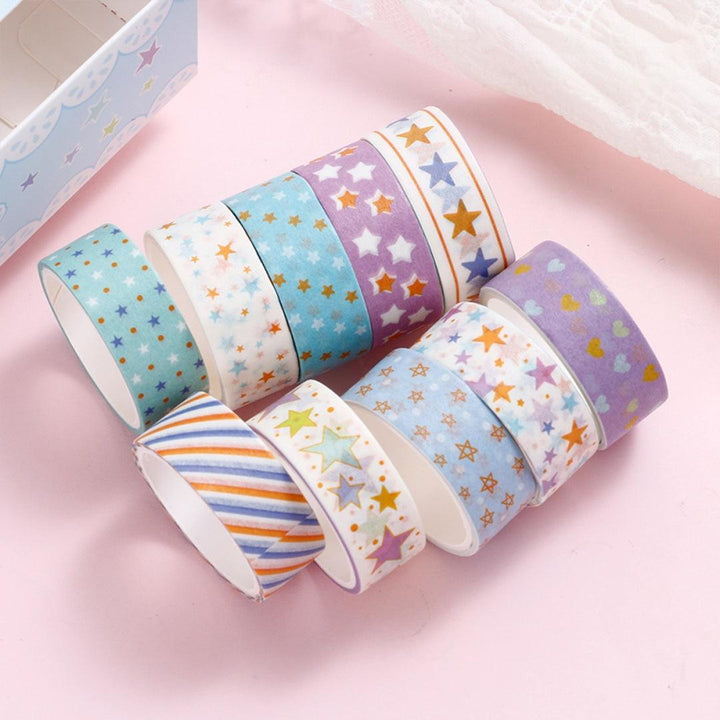 10 rolls of pastel washi tape in soft colors for journaling and crafts