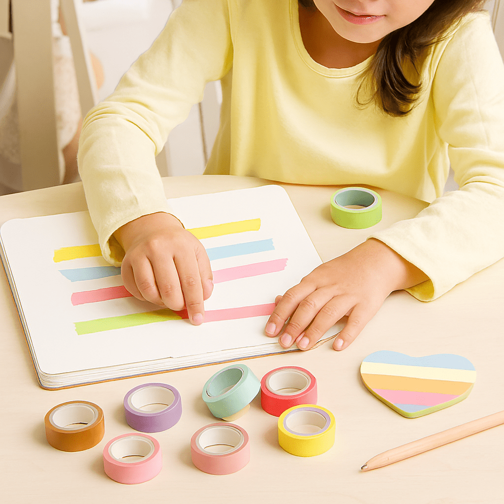 Pastel Dream Washi Tape SetCRAFTY CUDDLEChild using colorful washi tape to decorate a notebook with various rolls of tape on a table.Plain Washi Tape_1010 Rolls