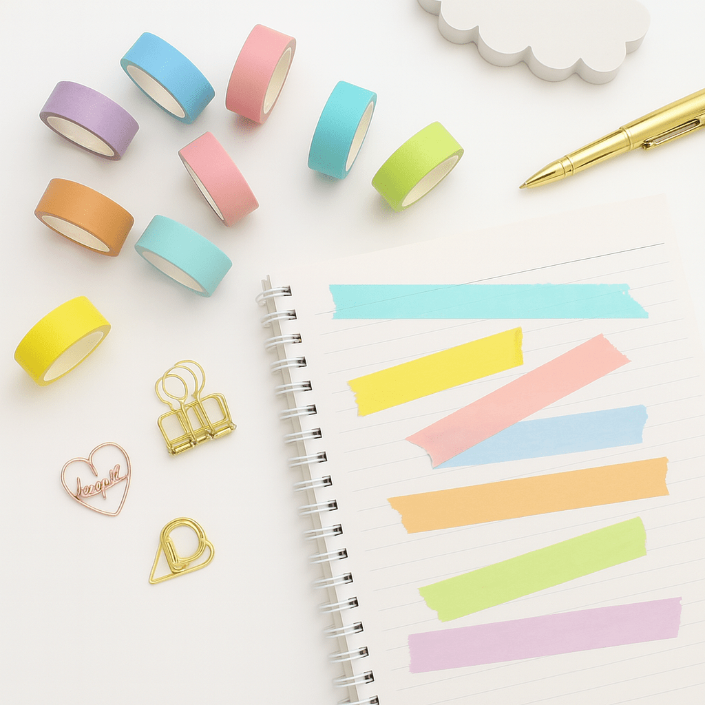 Pastel Dream Washi Tape SetCRAFTY CUDDLEColorful washi tape rolls, a notebook with striped stickers, and decorative items on a white background.Plain Washi Tape_1010 Rolls