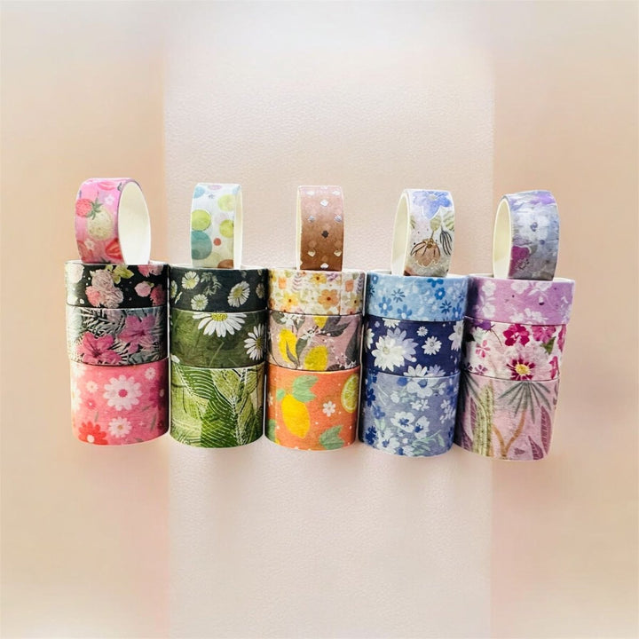 Pastel Floral Washi Tape – 50 RollsDecorative Washi TapeCRAFTY CUDDLESet of colorful washi tape rolls on a white backgroundwashitape washitapelove washitapecollection papercrafts diycrafts journaling bulletjournal plannerdecor creativejournaling stationerylovers aestheticstationery