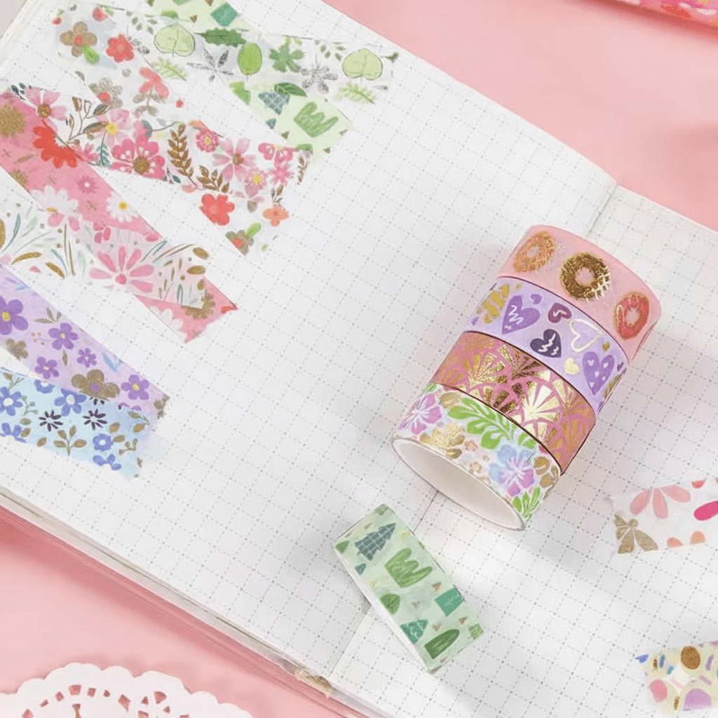 Pastel Pattern Washi Tape Mega SetDecorative Washi TapeCRAFTY CUDDLESet of colorful washi tapes with floral and nature - themed designs on a notebook page.art journalingbotanical tape