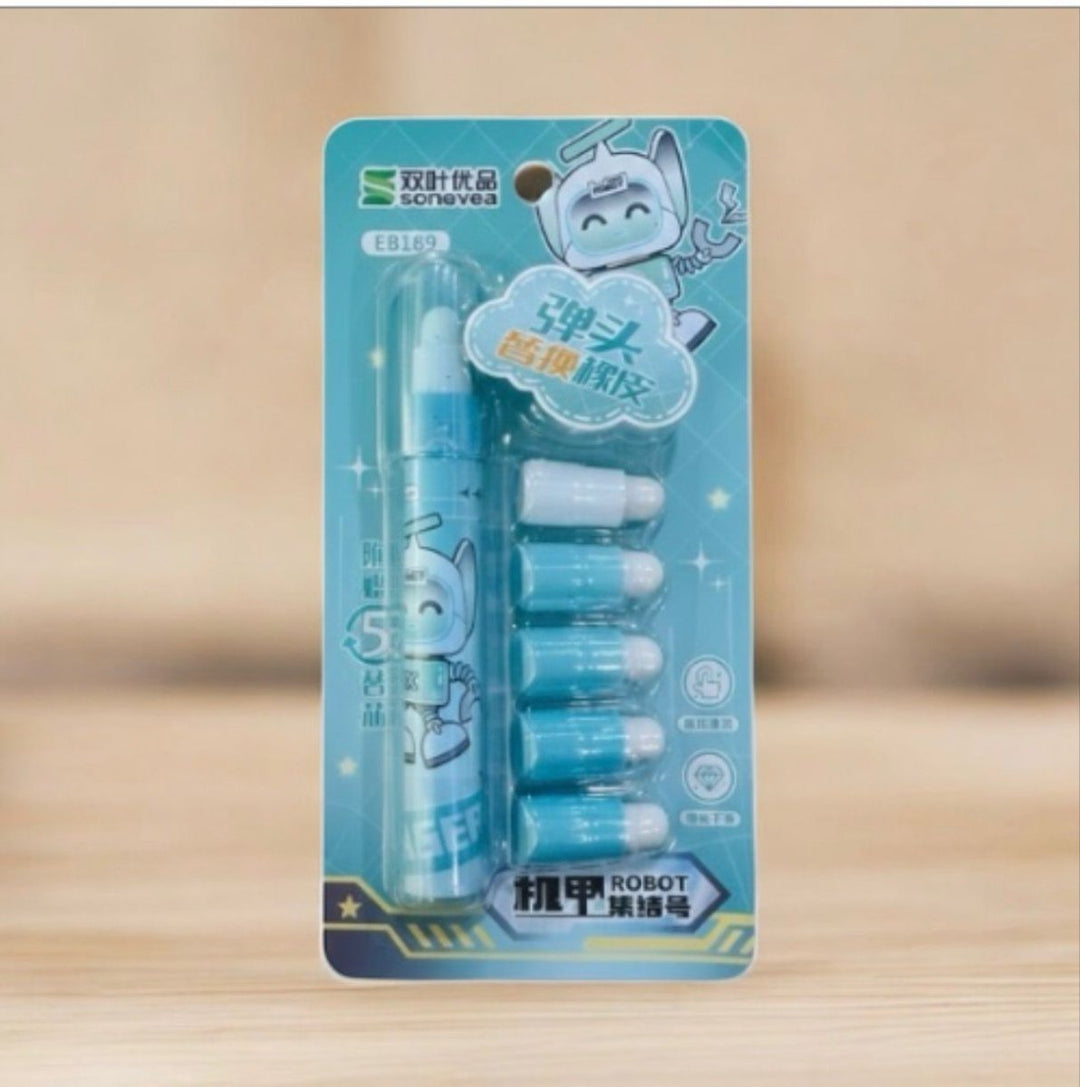 Pen Shape Eraser with RefillsErasersCRAFTY CUDDLEPackaging of a set of green eraser with cartoon character on a wooden surfaceGreencutestationery stationerylover stationeryaddict schoolstationery kidsstationery studyessentials stationeryhaul backtoschool noveltystationery deskaccessories