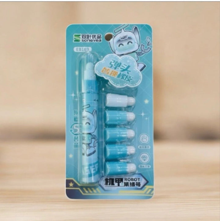 Pen Shape Eraser with RefillsErasersCRAFTY CUDDLEPackaging of a set of green eraser with cartoon character on a wooden surfaceGreencutestationery stationerylover stationeryaddict schoolstationery kidsstationery studyessentials stationeryhaul backtoschool noveltystationery deskaccessories