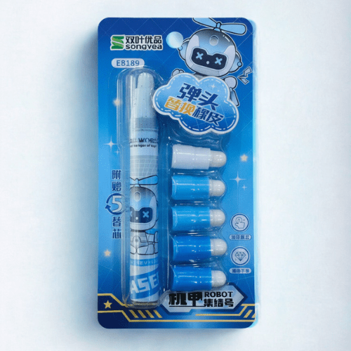 Pen Shape Eraser with RefillsErasersCRAFTY CUDDLEPackaging of an eraser with multiple refills on a blue backgroundBluecutestationery stationerylover stationeryaddict schoolstationery kidsstationery studyessentials stationeryhaul backtoschool noveltystationery deskaccessories