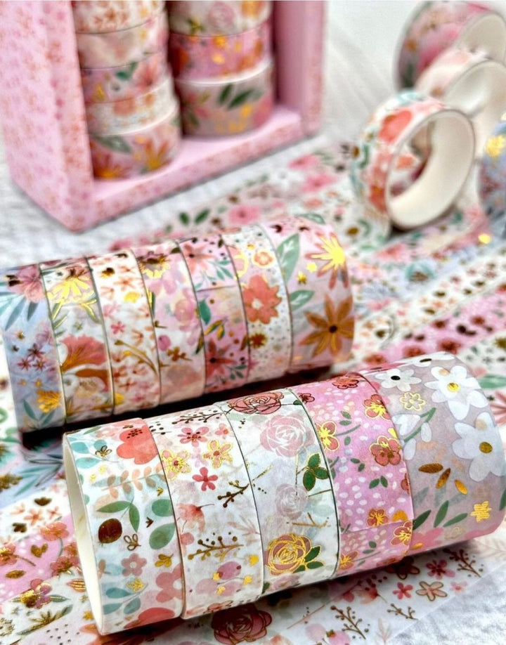 Pink Floral Washi Tape SetDecorative Washi TapeCRAFTY CUDDLEFloral - patterned washi tape rolls on a floral backgroundart journalingbotanical tape