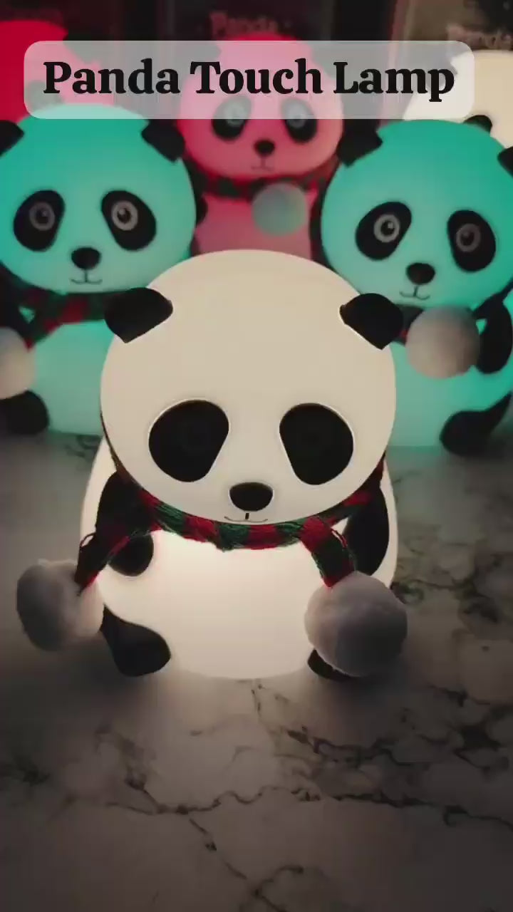 Multiple adorable panda lamps displaying different color LED light modes, touch-activated color change feature for kids’ eye-friendly night light