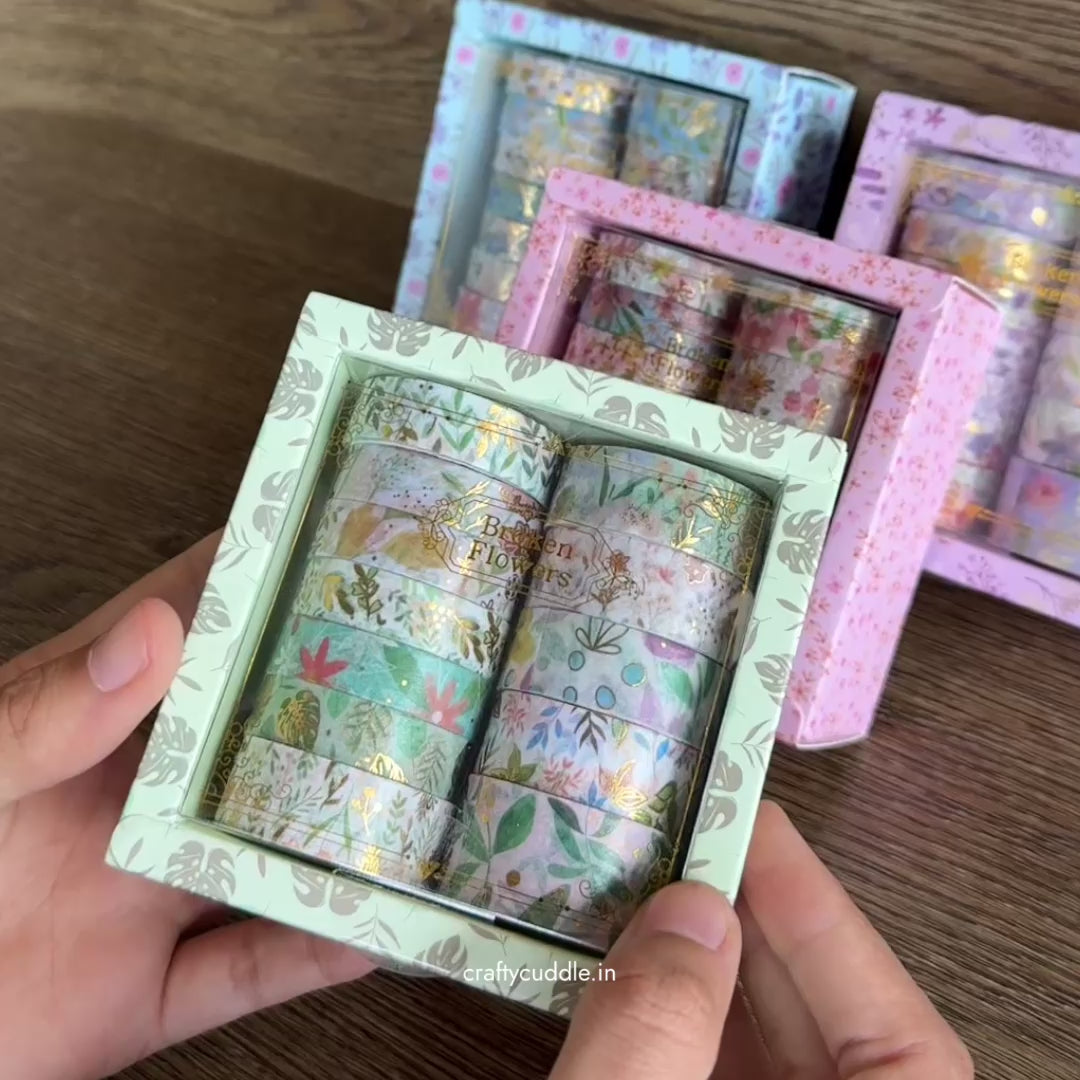 Green Floral Washi Tape Set- 12 Rolls